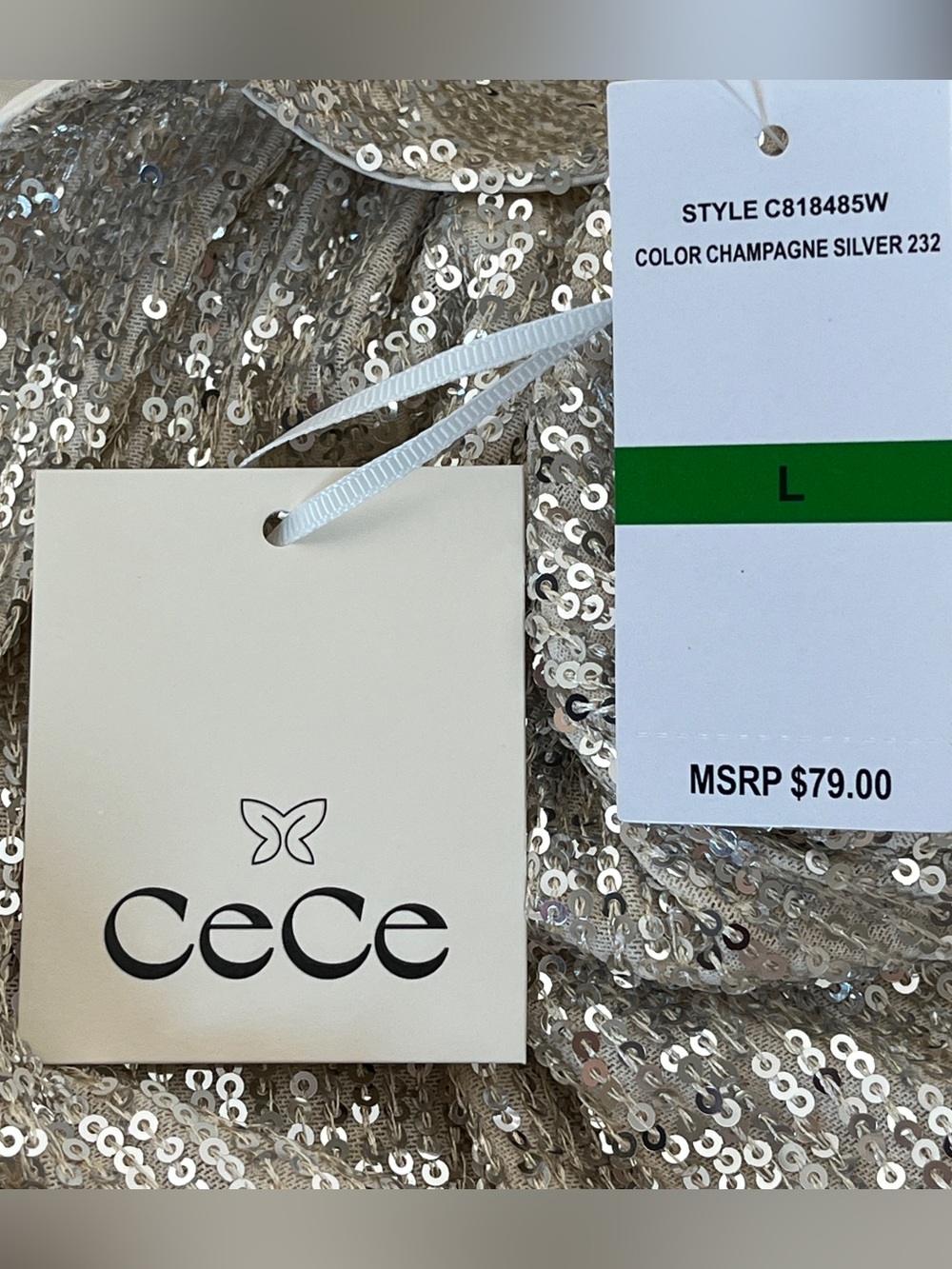 CeCe Champagne Silver Sequin Top Button Down Shirt Long Sleeve Sparkly Party L - Picture 10 of 15